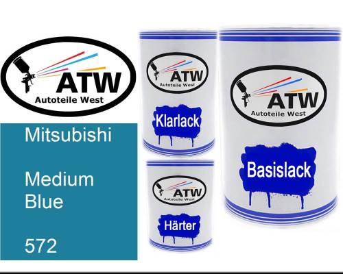 Mitsubishi, Medium Blue, 572: 500ml Lackdose + 500ml Klarlack + 250ml Härter - Set, von ATW Autoteile West.